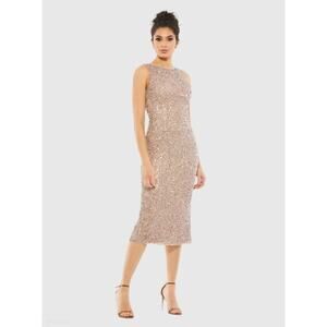Mac Duggal 5526 Sleeveless Sequined Midi Cocktail Dress Rosewood Cream Size 14